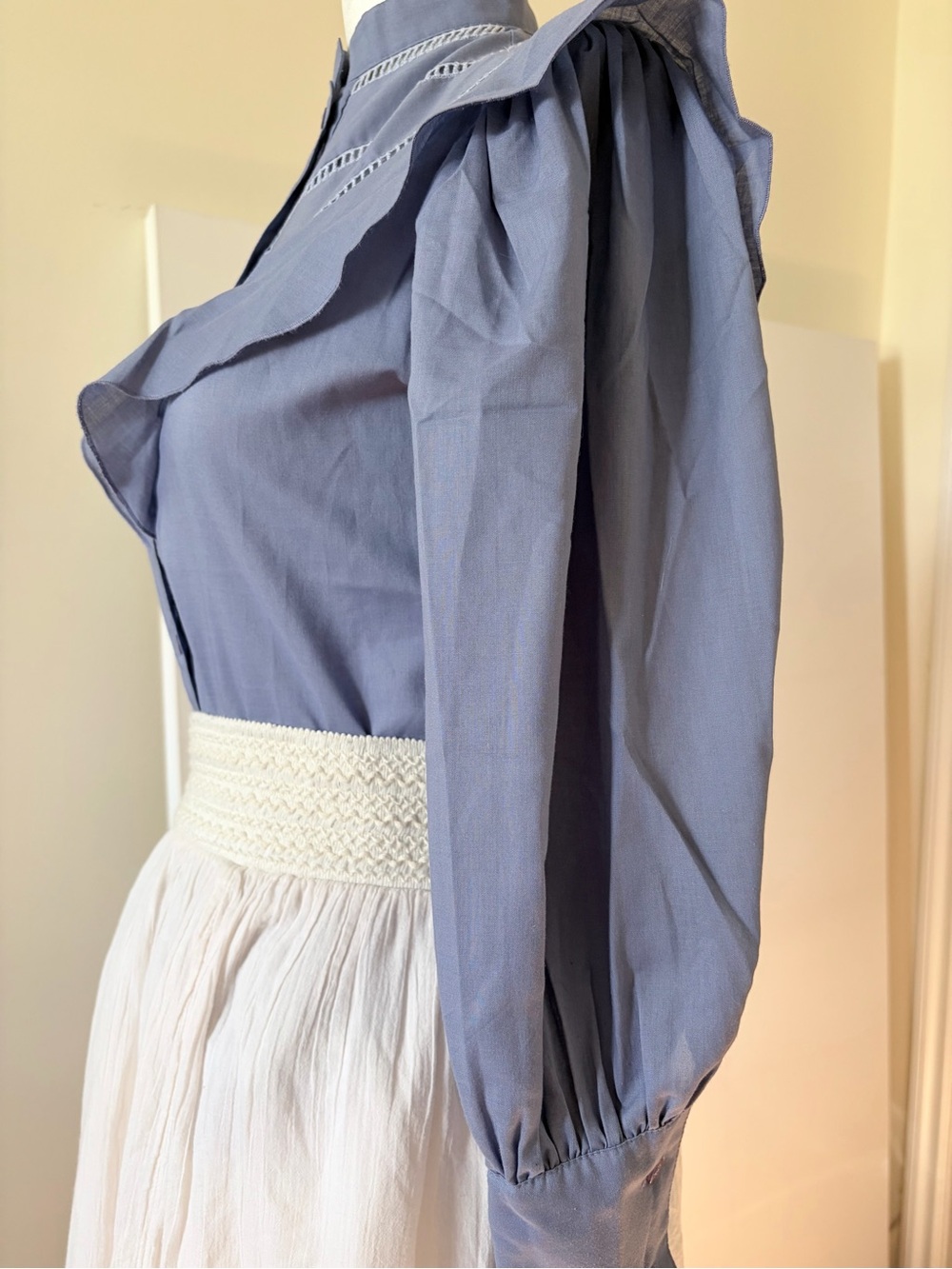 Vintage Blue Ruffle Yoke Button-Front Blouse - Picture 3 of 4